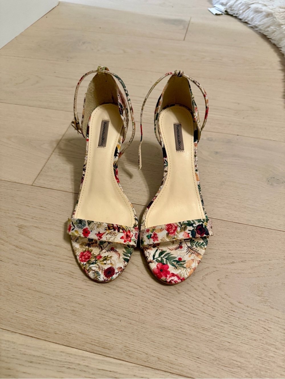 Floral Ankle-Strap Heels in Cream with Multicolor Flower Print